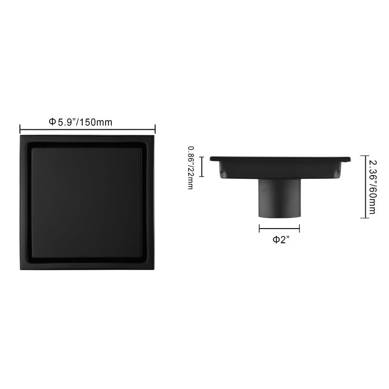 Orhemus 304 Stainless Steel Square Shower Floor Drain with Tile Insert Grate Removable Cover 6 inch Long, Matte Black Plated Finished - Image 5